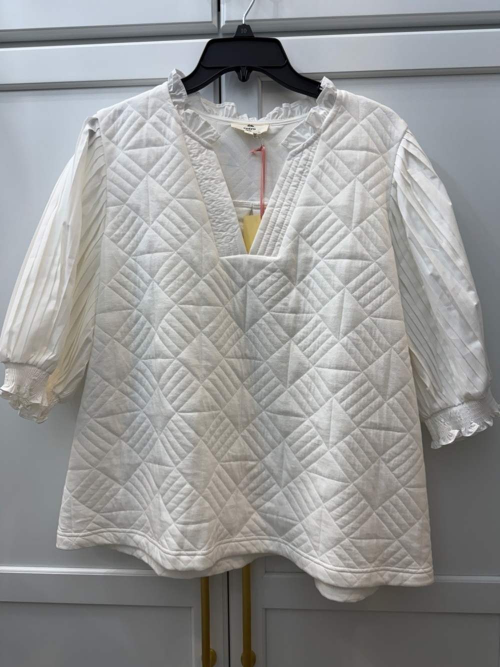 entro Cream Quilted Peasant Top with Pleated Sleeves